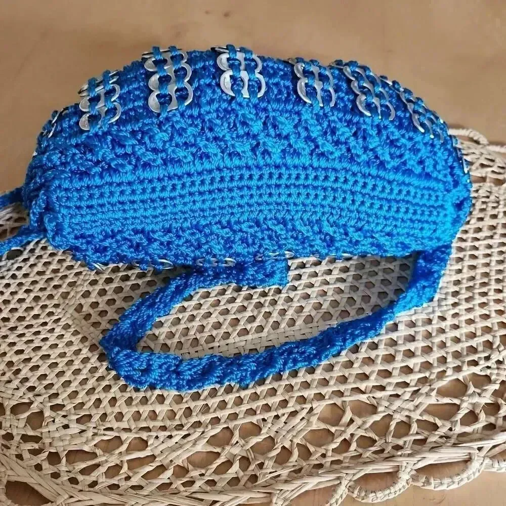 Handmade crochet recycle soda pull tabs blue bag
